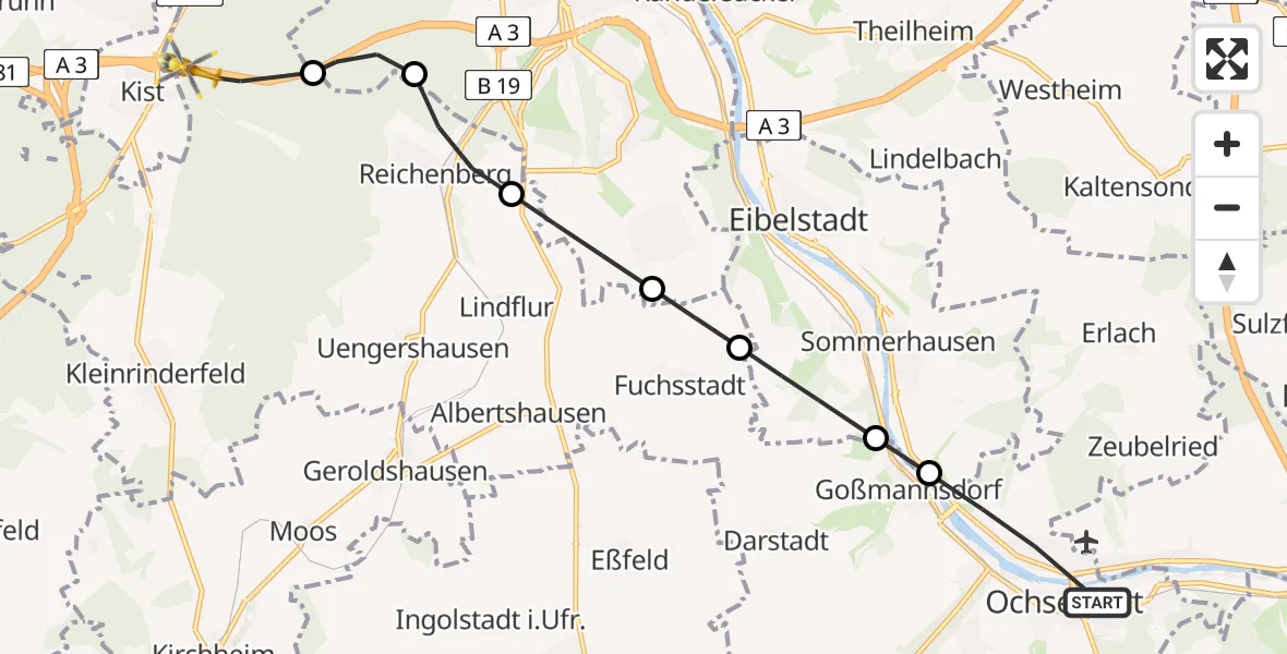 Flugroute Rettungshubschrauber Ochsenfurt - Guttenberger Wald, 18 April 2026, 14:15