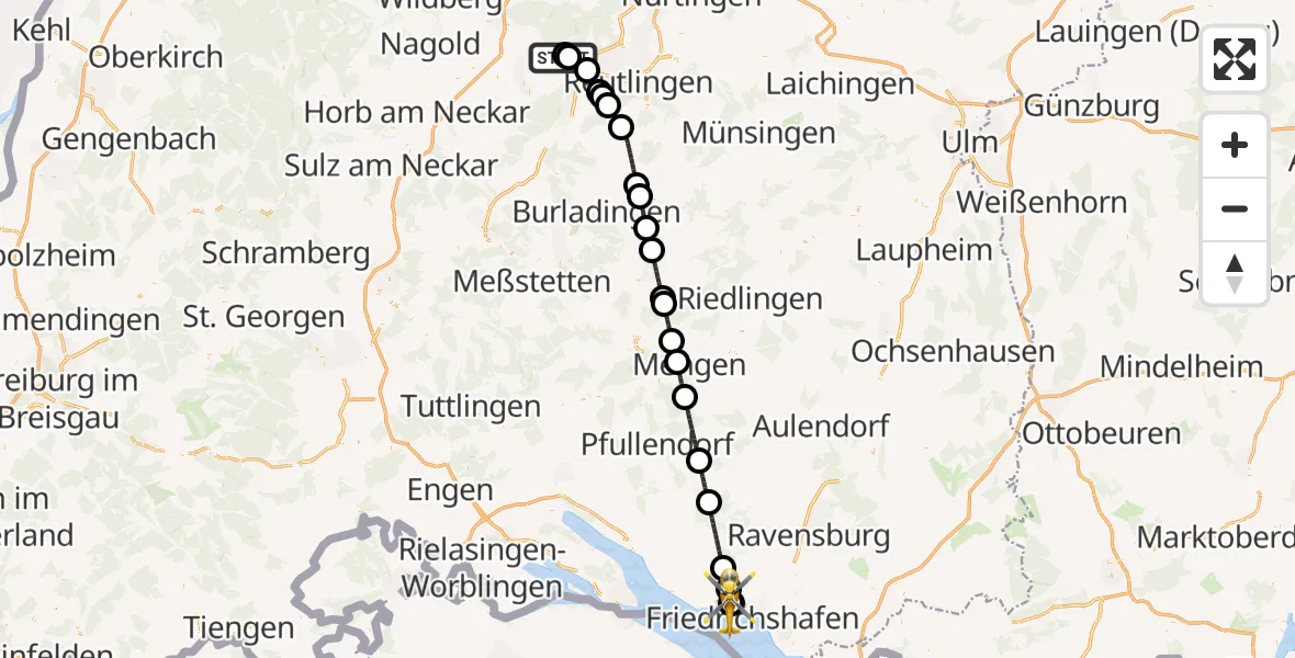 Flugroute Rettungshubschrauber Tübingen Trauma Hospital - Friedrichshafen Hospital, 18 April 2026, 14:24