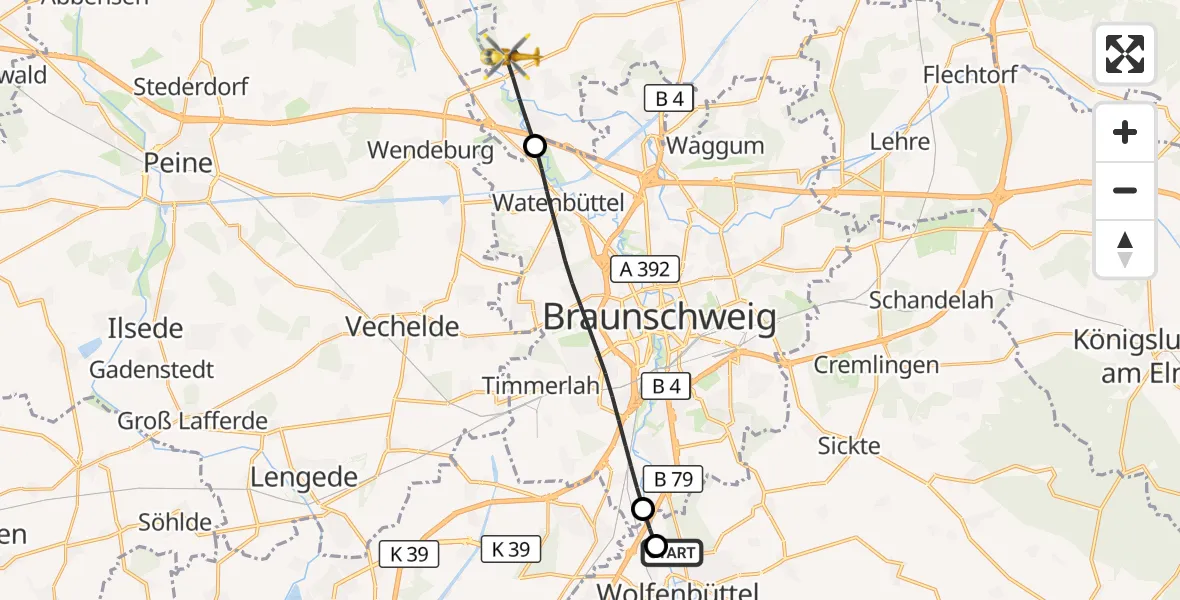Flugroute Rettungshubschrauber Wolfenbüttel Municipal Hospital Heliport (Christoph 30) - Schwülper, 18 April 2026, 14:25