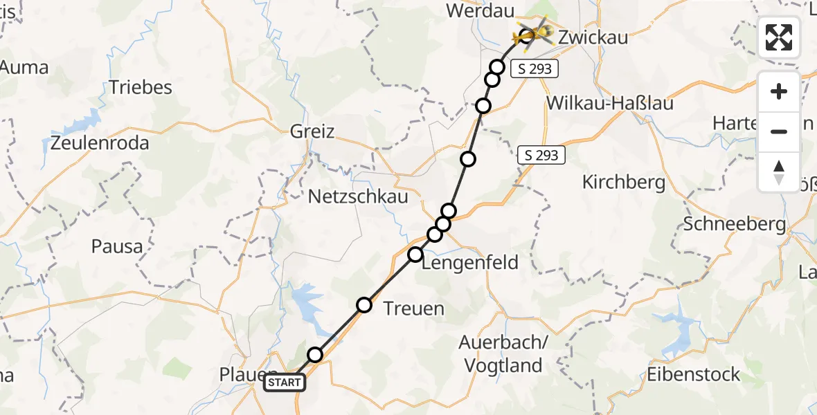 Flugroute Rettungshubschrauber Plauen - ADAC Air Rescue Station Zwickau Hubschrauberlandeplatz, 18 April 2026, 14:29