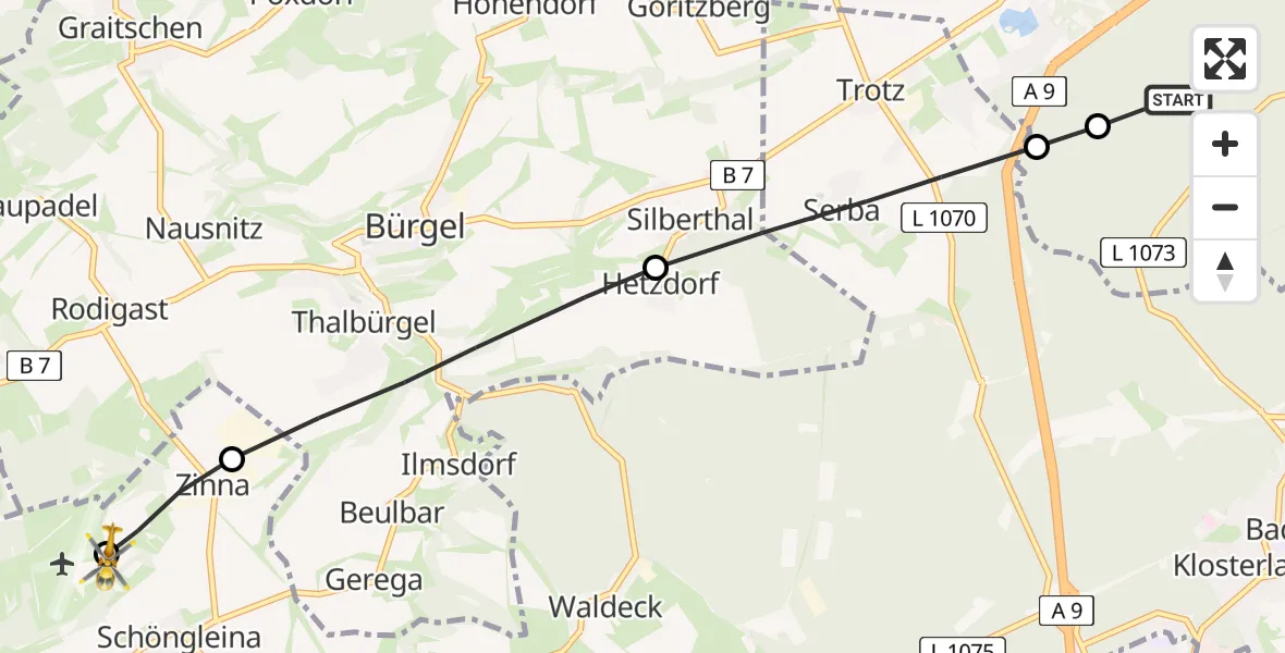Flugroute Rettungshubschrauber Eisenberg - Jena-Schöngleina Flugplatz, 18 April 2026, 14:31