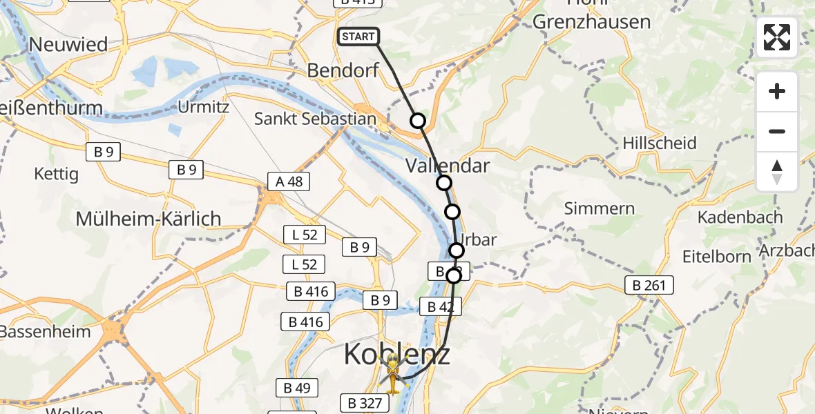 Flugroute Rettungshubschrauber Bendorf - Koblenz, 18 April 2026, 14:38