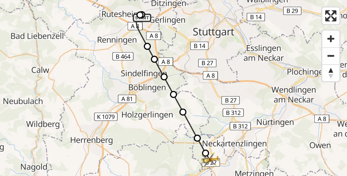 Flugroute Rettungshubschrauber Leonberg Hospital - Pliezhausen, 18 April 2026, 14:42
