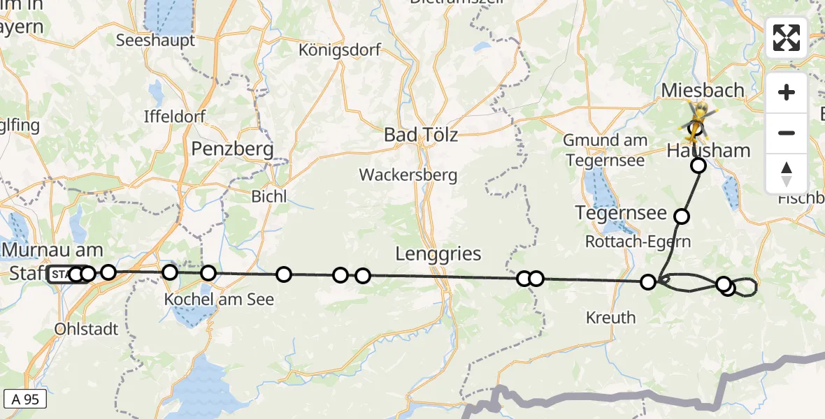 Flugroute Rettungshubschrauber Murnau Accident Hospital - Agatharied Hospital, 18 April 2026, 14:50