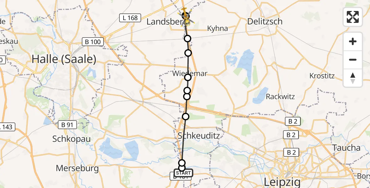 Flugroute Rettungshubschrauber ADAC Air Rescue Station Leipzig/Schkeuditz-Dölzig Hubschrauberlandeplatz (Christoph 61) - Wiedemar, 18 April 2026, 14:52