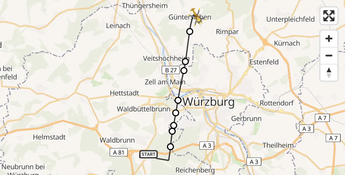 Flugroute Rettungshubschrauber Guttenberger Wald - Güntersleben, 18 April 2026, 14:54
