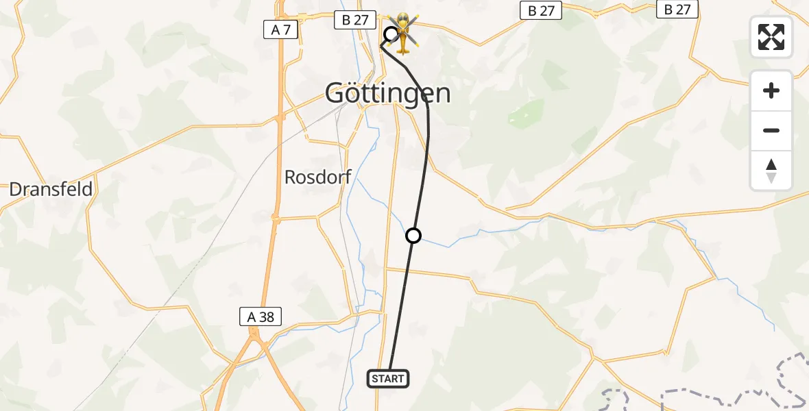 Flugroute Rettungshubschrauber Friedland - Göttingen University Clinic Hubschrauberlandeplatz, 18 April 2026, 14:56