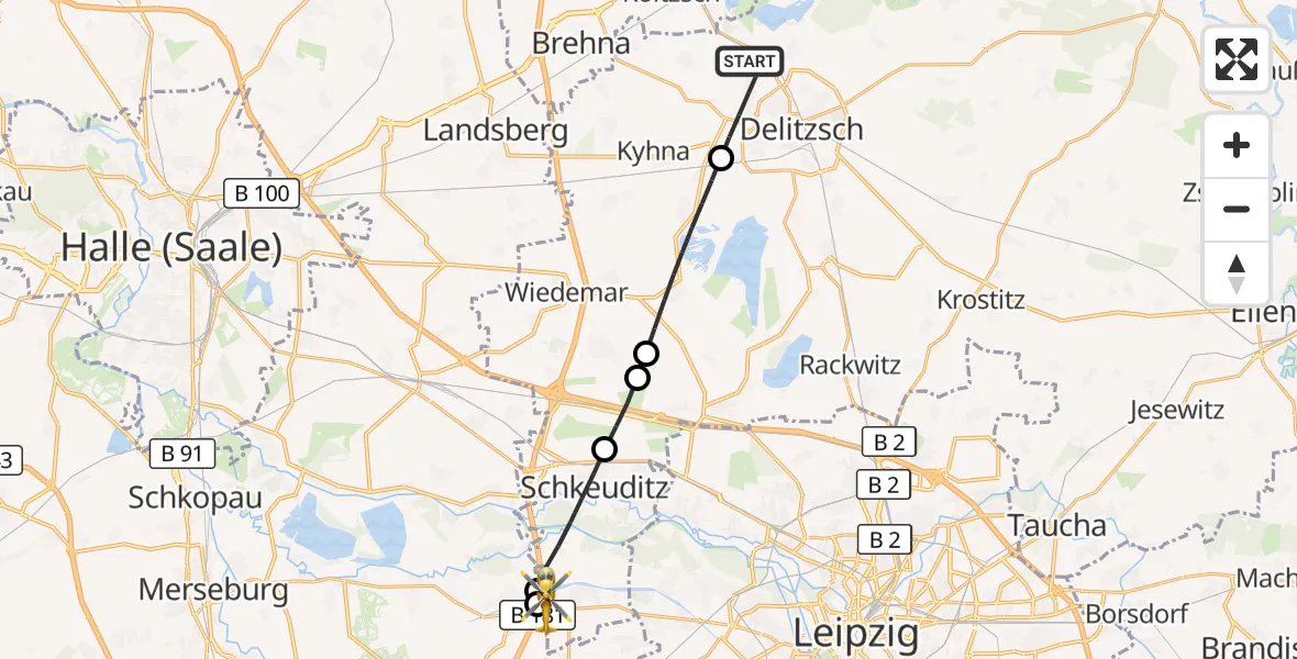 Flugroute Rettungshubschrauber Delitzsch - ADAC Air Rescue Station Leipzig/Schkeuditz-Dölzig Hubschrauberlandeplatz (Christoph 61), 18 April 2026, 15:09