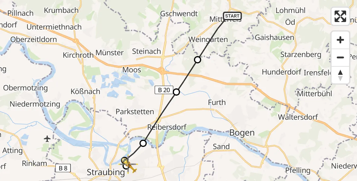 Flugroute Rettungshubschrauber Mitterfels - Sankt Elisabeth Hospital Straubing, 18 April 2026, 15:23