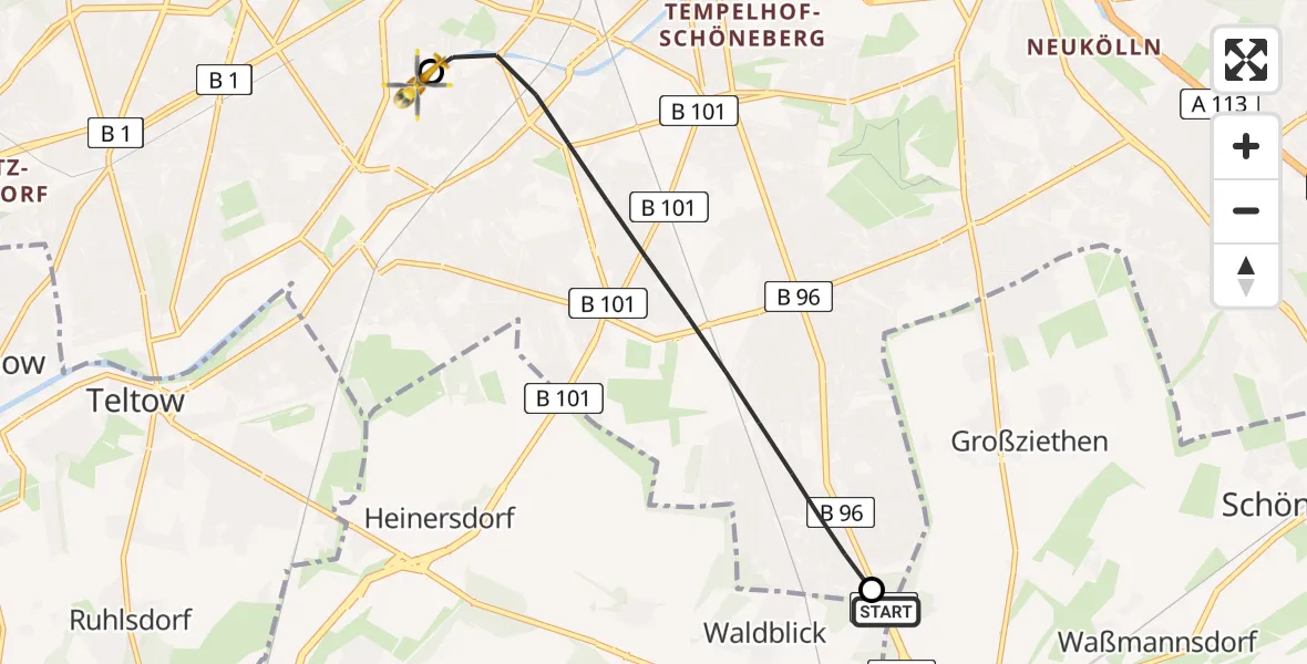 Flugroute Rettungshubschrauber Blankenfelde-Mahlow - Charité Clinic Benjamin Franklin Campus, 18 April 2026, 15:24