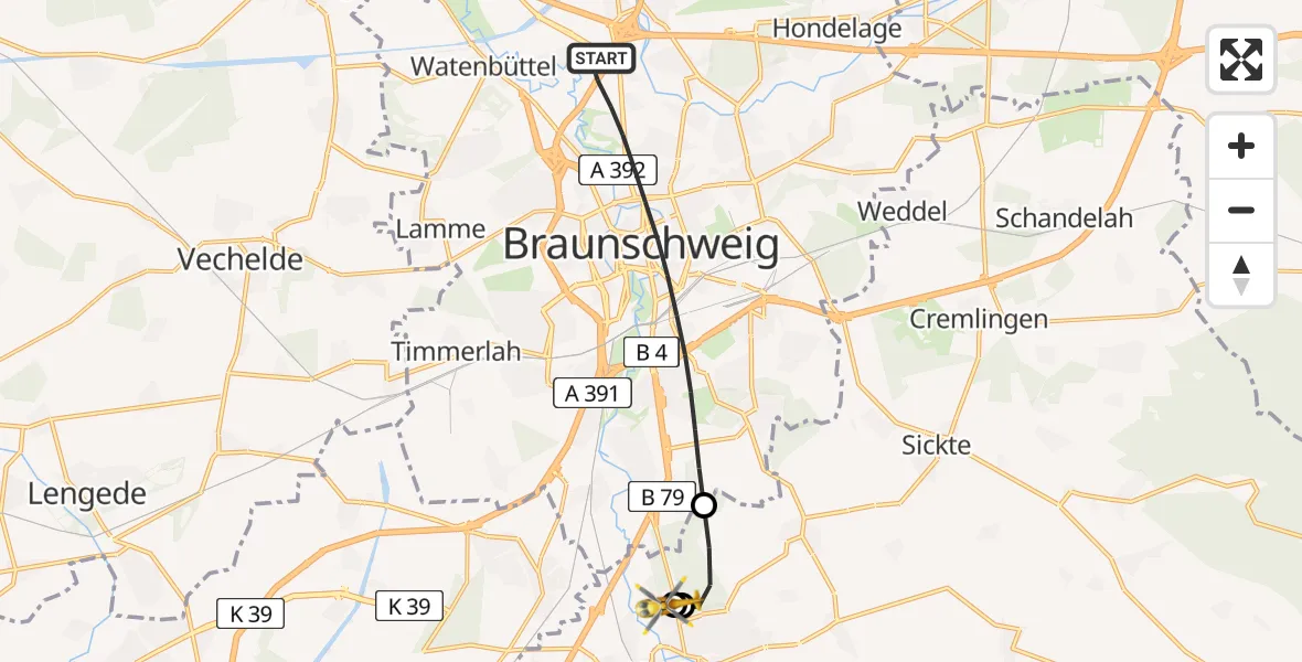 Flugroute Rettungshubschrauber Braunschweig - Wolfenbüttel Municipal Hospital Heliport (Christoph 30), 18 April 2026, 15:26