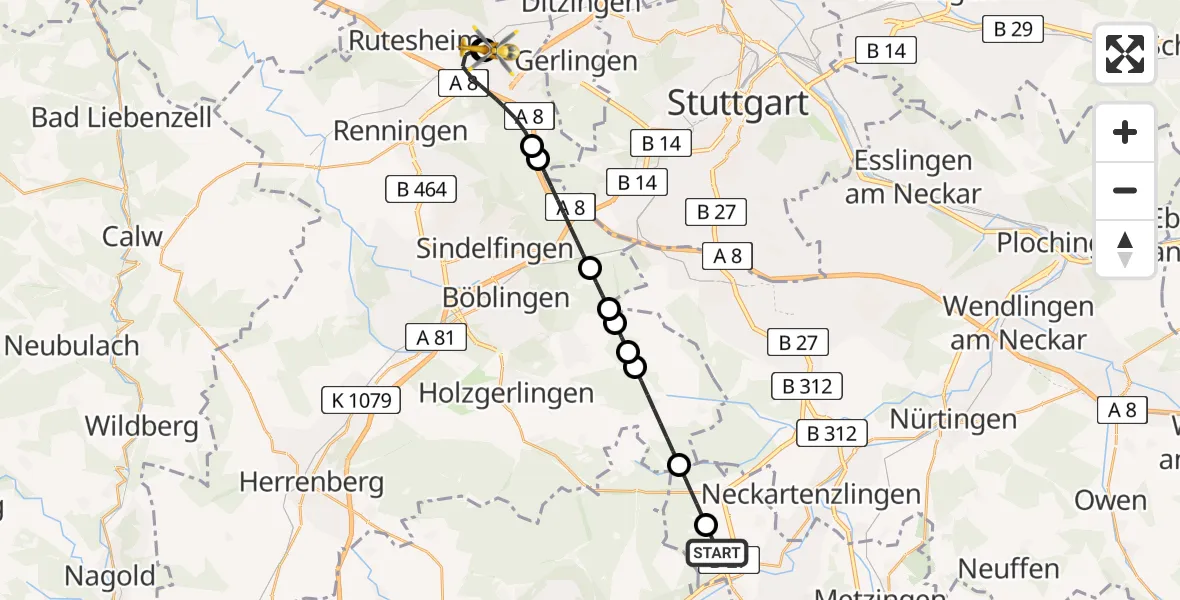 Flugroute Rettungshubschrauber Pliezhausen - Leonberg Hospital, 18 April 2026, 15:26