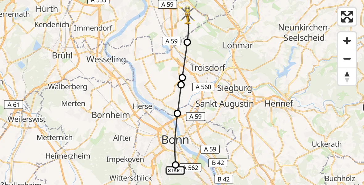 Flugroute Ambulanzhubschrauber Bonn University Hospital - Köln Bonn Flughafen, 18 April 2026, 15:32