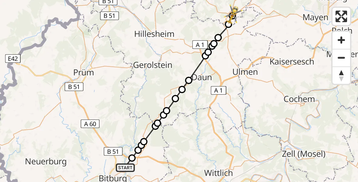 Flugroute Ambulanzhubschrauber Bitburg - Nürburgring Hubschrauberlandeplatz, 18 April 2026, 15:37