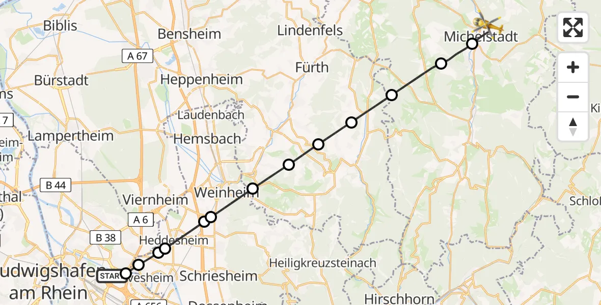 Flugroute Rettungshubschrauber Mannheim-City Flughafen - Michelstadt, 18 April 2026, 15:38