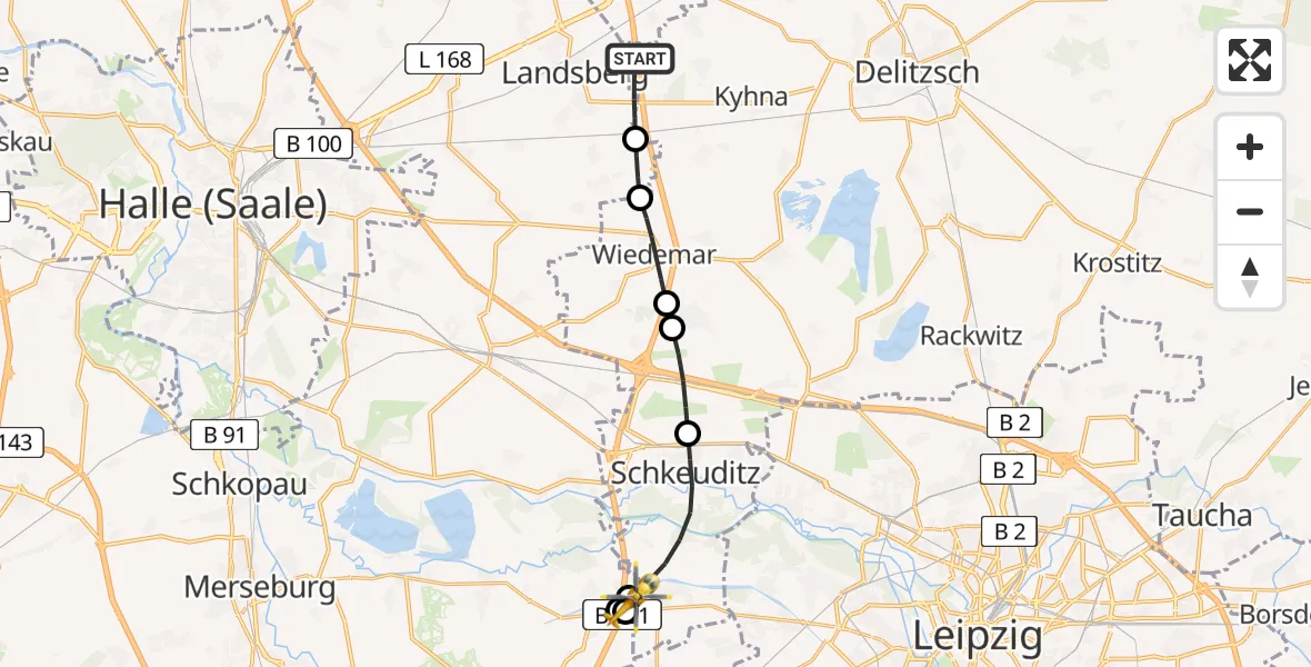 Flugroute Rettungshubschrauber Wiedemar - ADAC Air Rescue Station Leipzig/Schkeuditz-Dölzig Hubschrauberlandeplatz (Christoph 61), 18 April 2026, 15:39