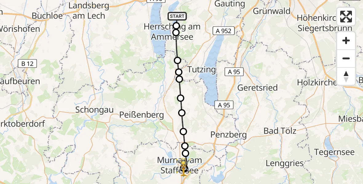 Flugroute Rettungshubschrauber Seefeld - Murnau Accident Hospital, 18 April 2026, 15:42