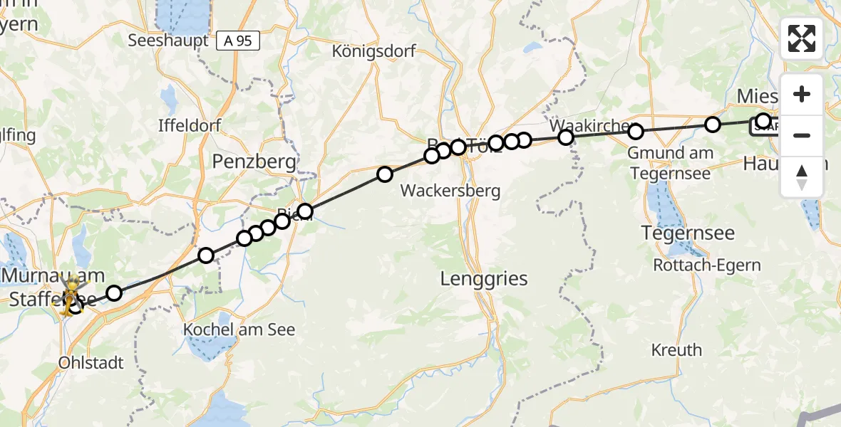 Flugroute Rettungshubschrauber Hausham - Murnau Accident Hospital, 18 April 2026, 15:44