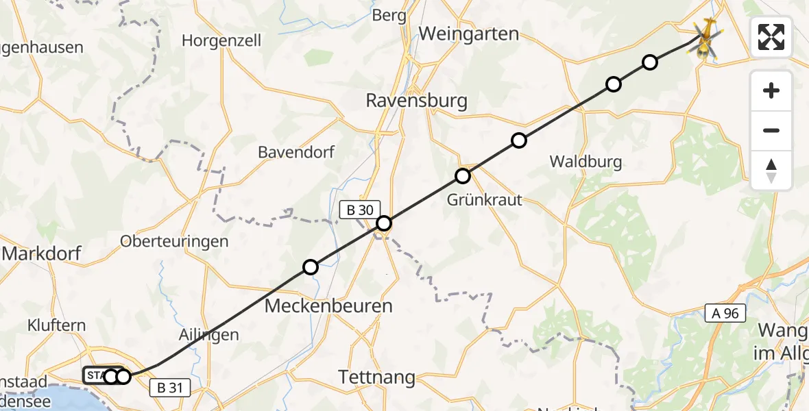 Flugroute Rettungshubschrauber Friedrichshafen Hospital - Wolfegg, 18 April 2026, 15:55