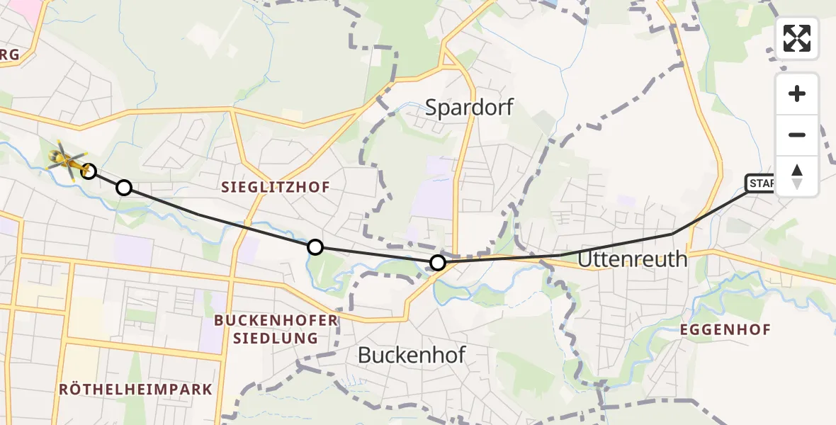 Flugroute Rettungshubschrauber Uttenreuth - Erlangen University Hospital Ebrardstraße, 18 April 2026, 15:57