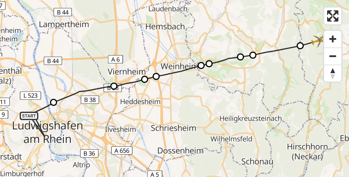 Flugroute Rettungshubschrauber Ludwigshafen am Rhein - Oberzent, 18 April 2026, 16:03
