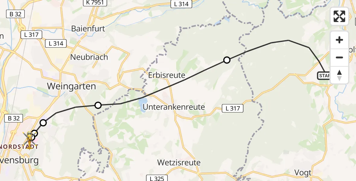 Flugroute Rettungshubschrauber Wolfegg - Sankt Elisabeth Hospital, 18 April 2026, 16:20