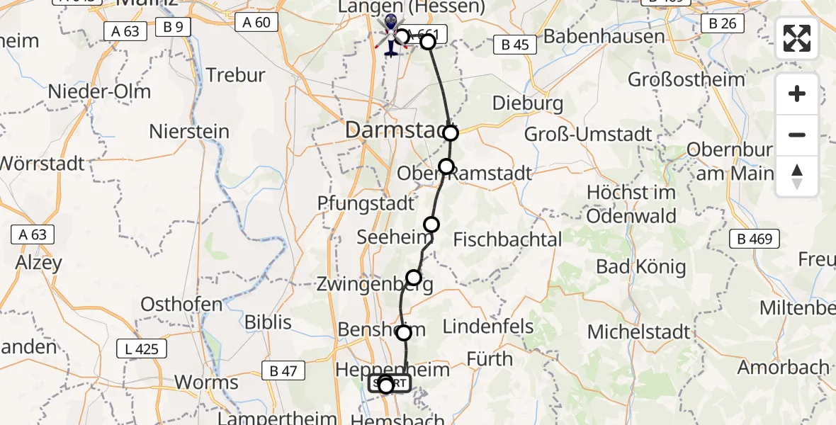 Flugroute Polizeihubschrauber Heppenheim (Bergstraße) - Flughafen Frankfurt-Egelsbach, 18 April 2026, 16:26
