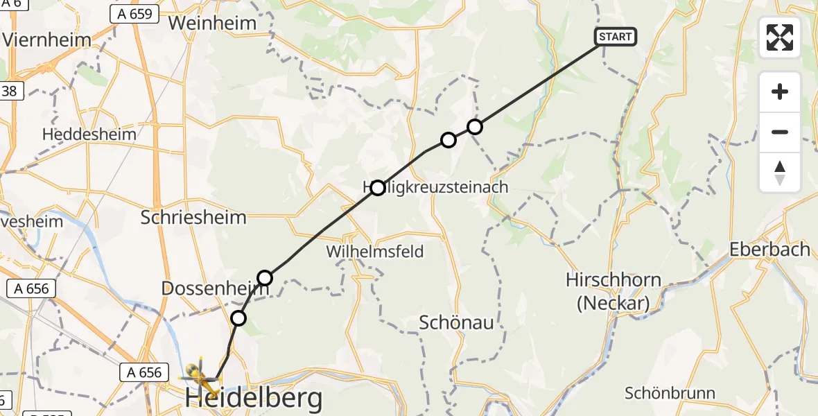 Flugroute Rettungshubschrauber Oberzent - Heidelberg, 18 April 2026, 16:39