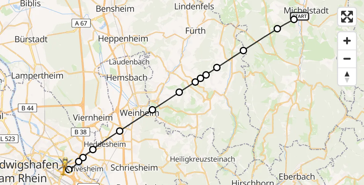 Flugroute Rettungshubschrauber Michelstadt - Mannheim-City Flughafen, 18 April 2026, 16:46
