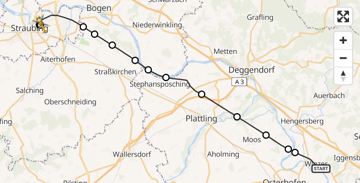 Flugroute Rettungshubschrauber Winzer - Sankt Elisabeth Hospital Straubing, 18 April 2026, 16:53