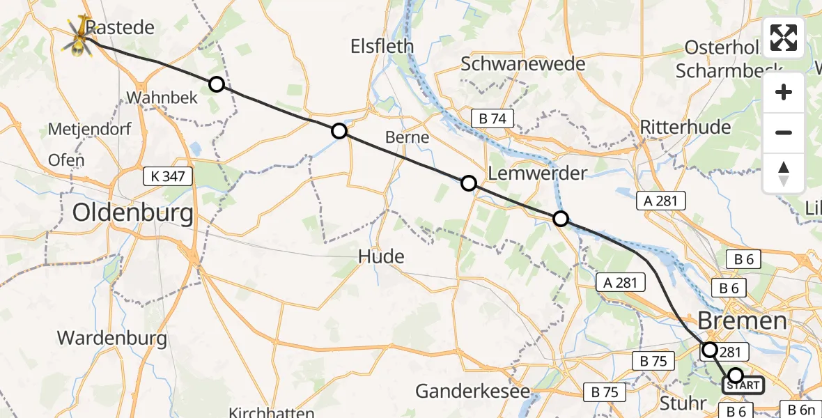 Flugroute Rettungshubschrauber Bremen - Rastede, 18 April 2026, 16:53