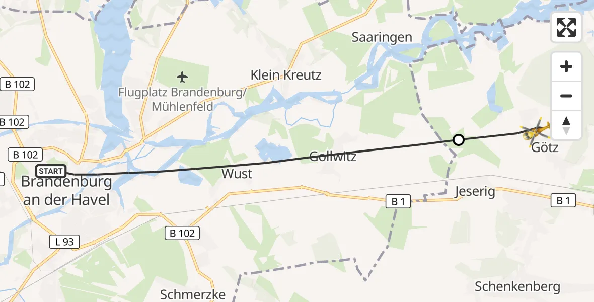 Flugroute Rettungshubschrauber Brandenburg an der Havel - Groß Kreutz (Havel), 18 April 2026, 16:56