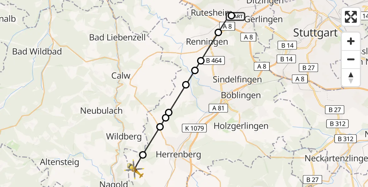 Flugroute Rettungshubschrauber Leonberg Hospital - Jettingen, 18 April 2026, 17:02