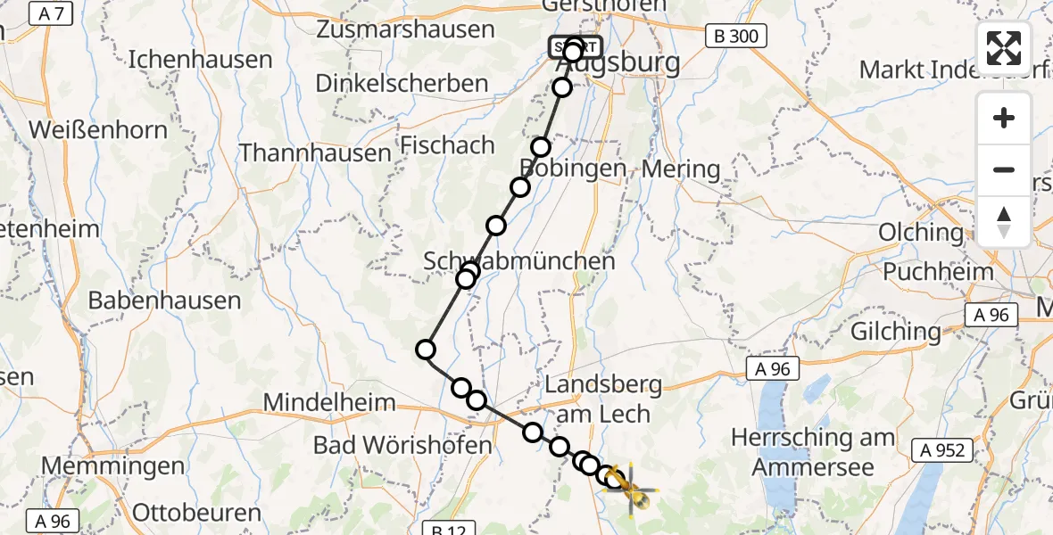 Flugroute Rettungshubschrauber Augsburg University Hospital - Vilgertshofen, 18 April 2026, 17:07