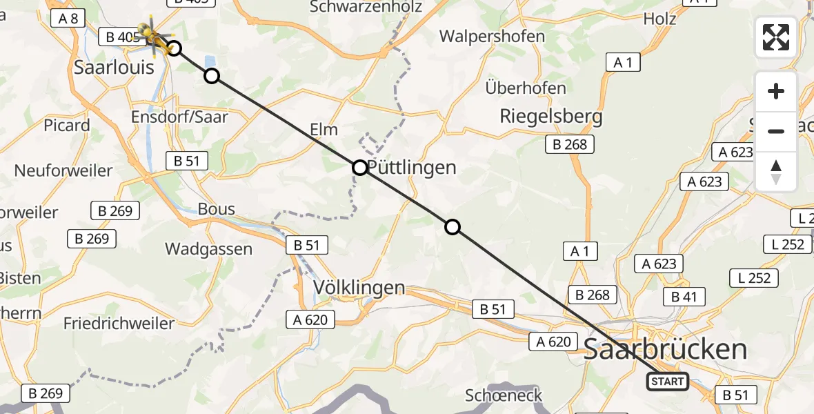 Flugroute Rettungshubschrauber Saarbrücken - Saarlouis, 18 April 2026, 17:07