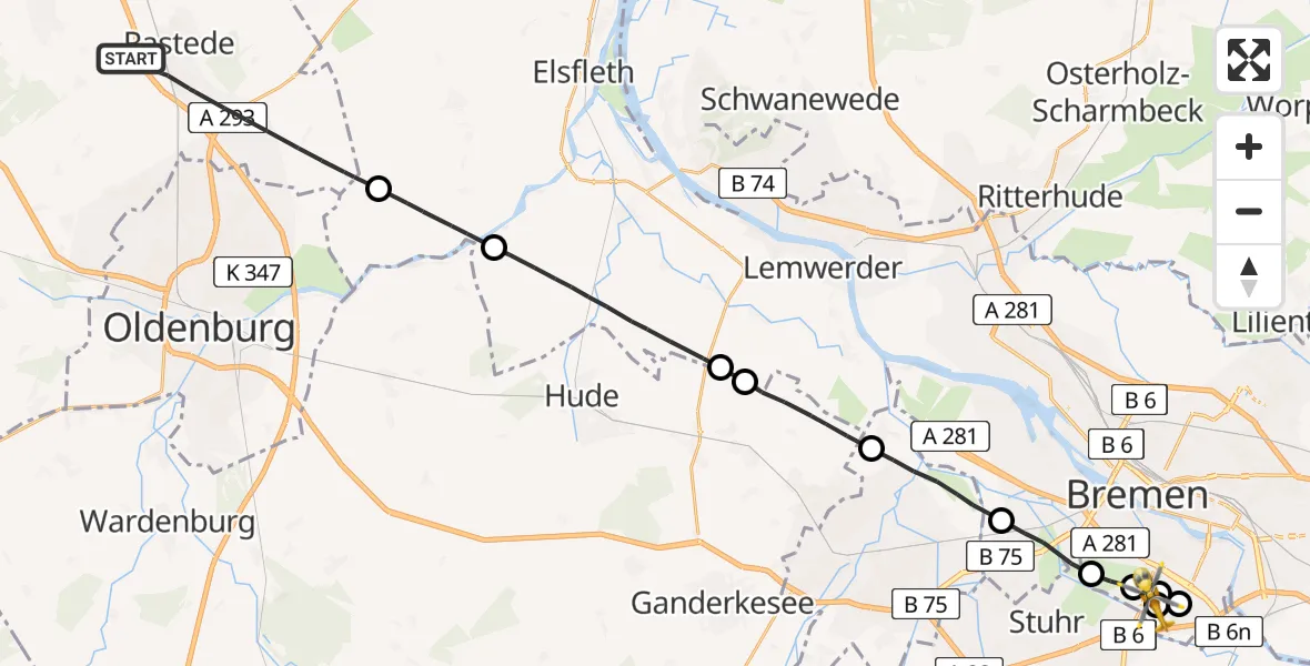 Flugroute Rettungshubschrauber Rastede - ADAC Air Rescue Station Bremen Hubschrauberlandeplatz (Christoph 6), 18 April 2026, 17:20
