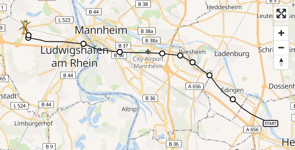 Flugroute Rettungshubschrauber Heidelberg - Ludwigshafen am Rhein, 18 April 2026, 17:21