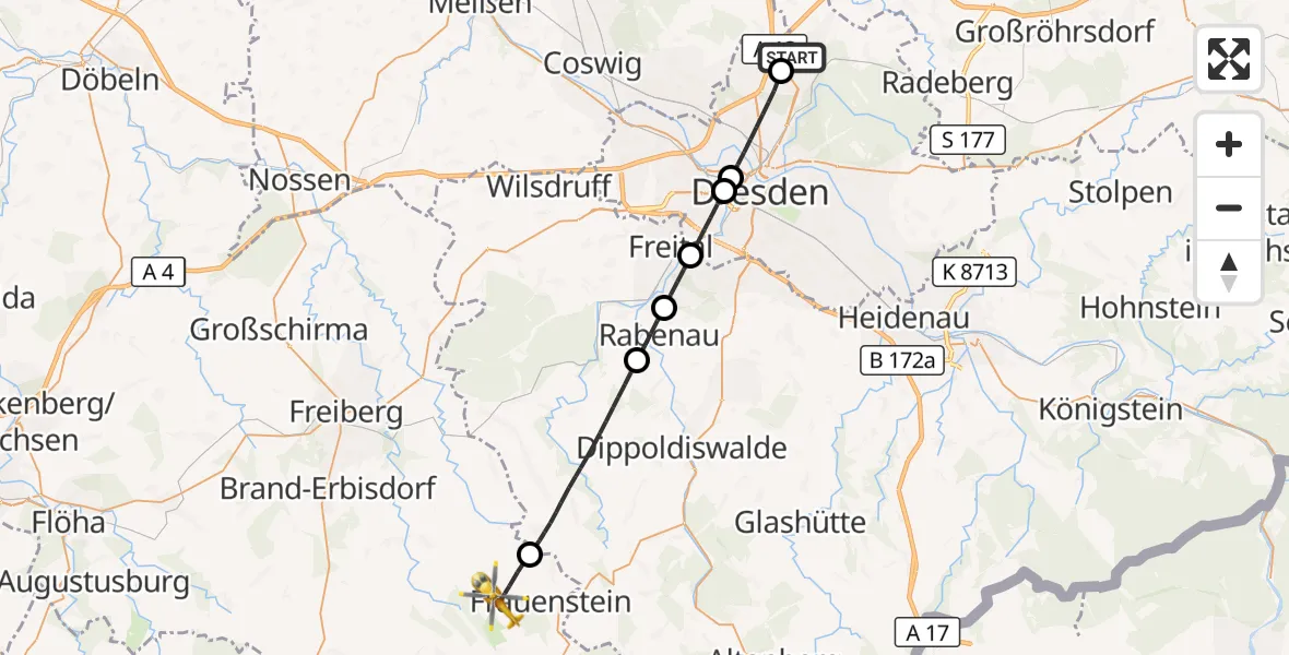 Flugroute Rettungshubschrauber Dresden Flughafen - Frauenstein, 18 April 2026, 17:22