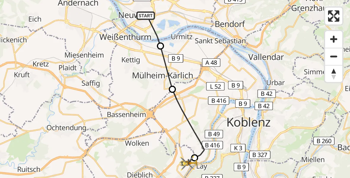 Flugroute Ambulanzhubschrauber Neuwied - Koblenz-Winningen Flugplatz, 18 April 2026, 17:27