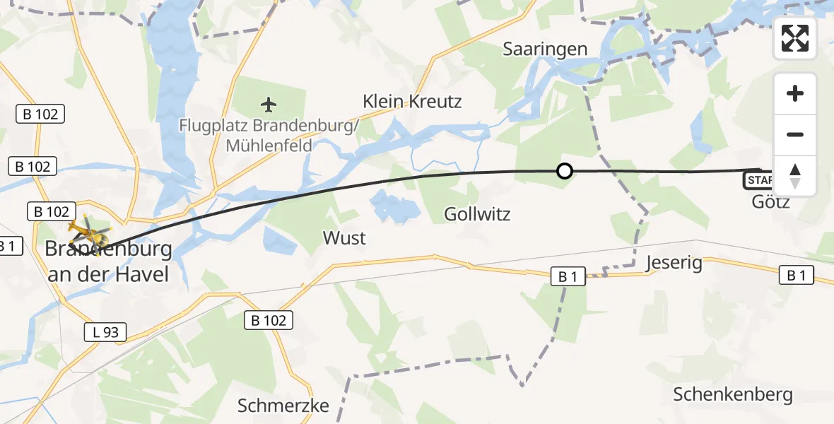 Flugroute Rettungshubschrauber Groß Kreutz (Havel) - Brandenburg an der Havel, 18 April 2026, 17:30