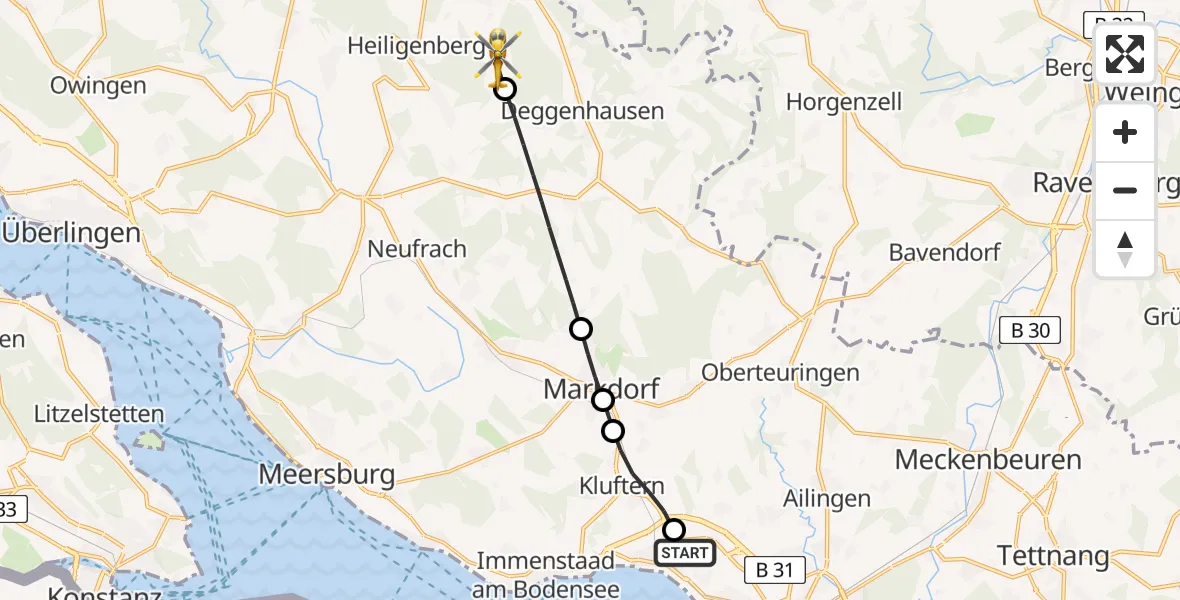 Flugroute Rettungshubschrauber Friedrichshafen Hospital - Heiligenberg, 18 April 2026, 17:40