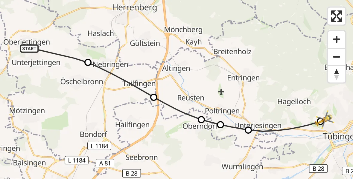 Flugroute Rettungshubschrauber Jettingen - Tübingen University Hospital, 18 April 2026, 17:42