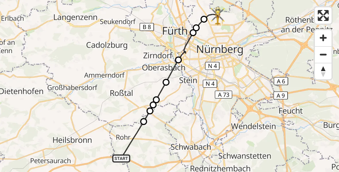 Flugroute Ambulanzhubschrauber Rohr - Flughafen Nuremberg, 18 April 2026, 17:45