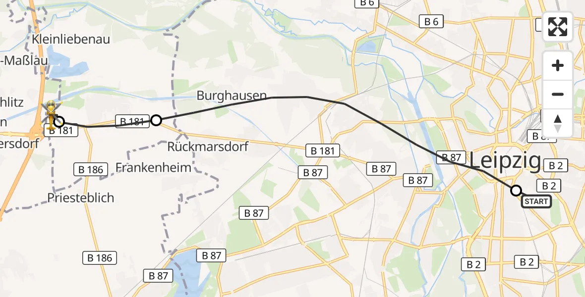 Flugroute Rettungshubschrauber Leipzig University Hospital Heliport 1 - ADAC Air Rescue Station Leipzig/Schkeuditz-Dölzig Hubschrauberlandeplatz (Christoph 61), 18 April 2026, 17:54