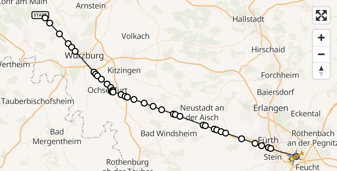 Flugroute Rettungshubschrauber Steinfeld - Nürnberg South Hospital, 18 April 2026, 18:10