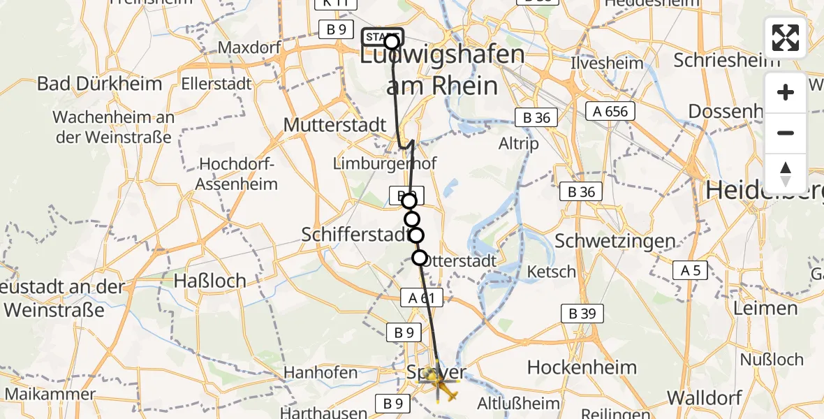 Flugroute Rettungshubschrauber Ludwigshafen Accident Hospital - Speyer, 18 April 2026, 18:14