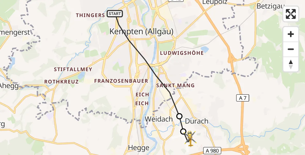 Flugroute Rettungshubschrauber Kempten (Allgäu) - Kempten-Durach Flugplatz, 18 April 2026, 18:15