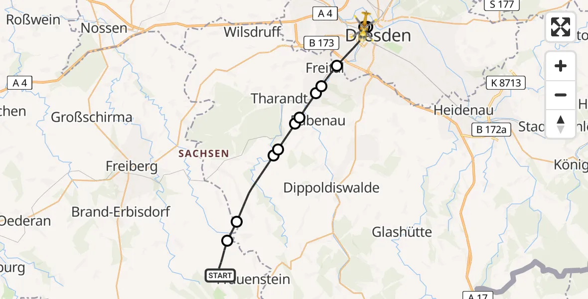 Flugroute Rettungshubschrauber Frauenstein - Dresden Friedrichstadt Hospital, 18 April 2026, 18:32