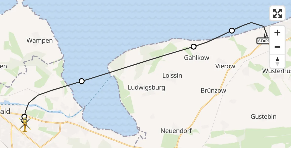 Flugroute Rettungshubschrauber Lubmin - Greifswald Hospital, 18 April 2026, 18:37