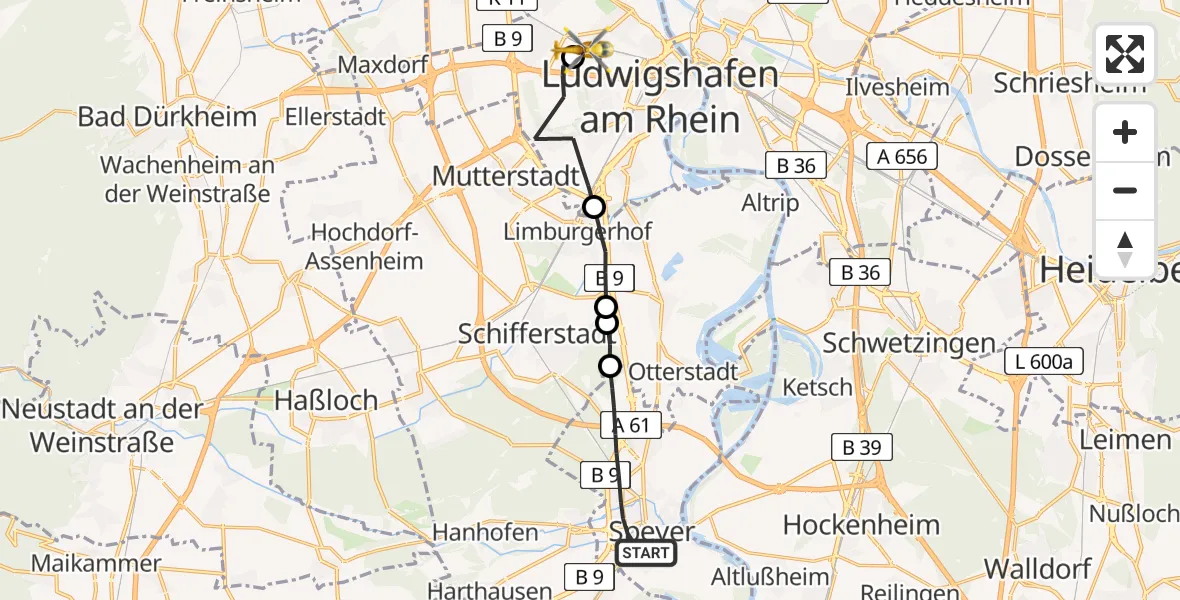 Flugroute Rettungshubschrauber Speyer - Ludwigshafen Accident Hospital Hubschrauberlandeplatz, 18 April 2026, 18:53